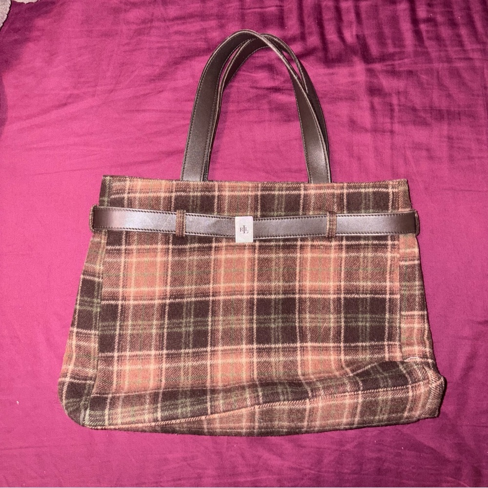 Plaid Ralph Lauren Tote Bag with Brown Accents